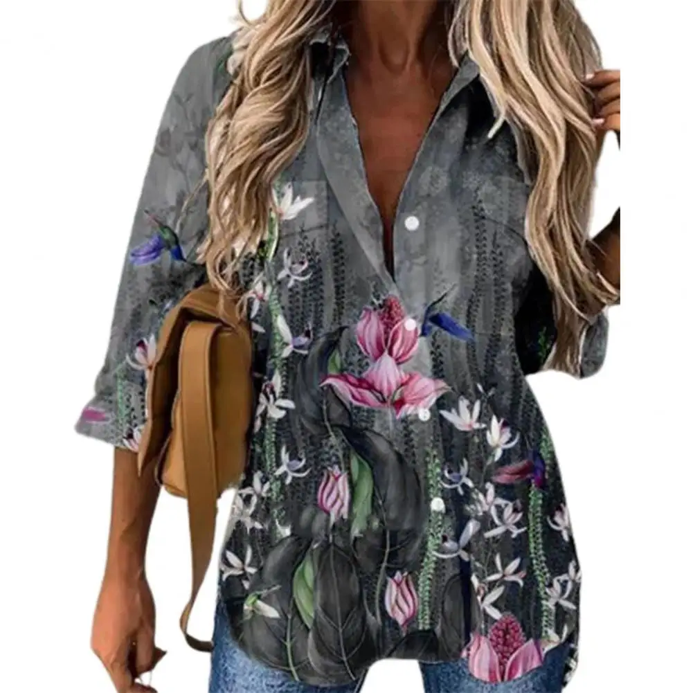

Stylish Women Blouse Loose Shirt Turn-down Collar Single-breasted Shirt Streetwear Floral Print Women Shirt Blouse Daily Wear