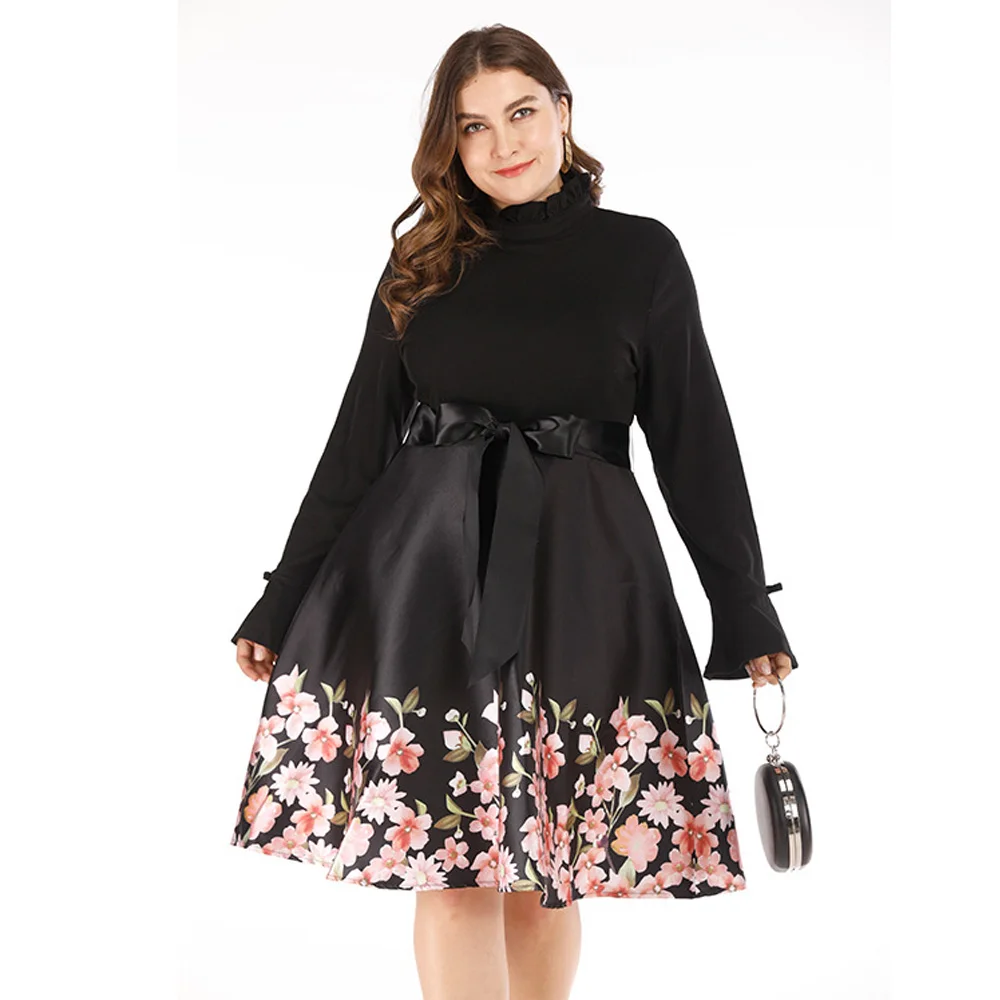 Женское винтажное платье туника размера плюс 4XL 5XL черное с длинным рукавом и