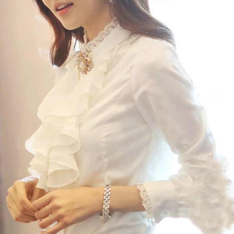 Женская шифоновая блузка с оборками длинным рукавом и бантом весна-осень 2020 |