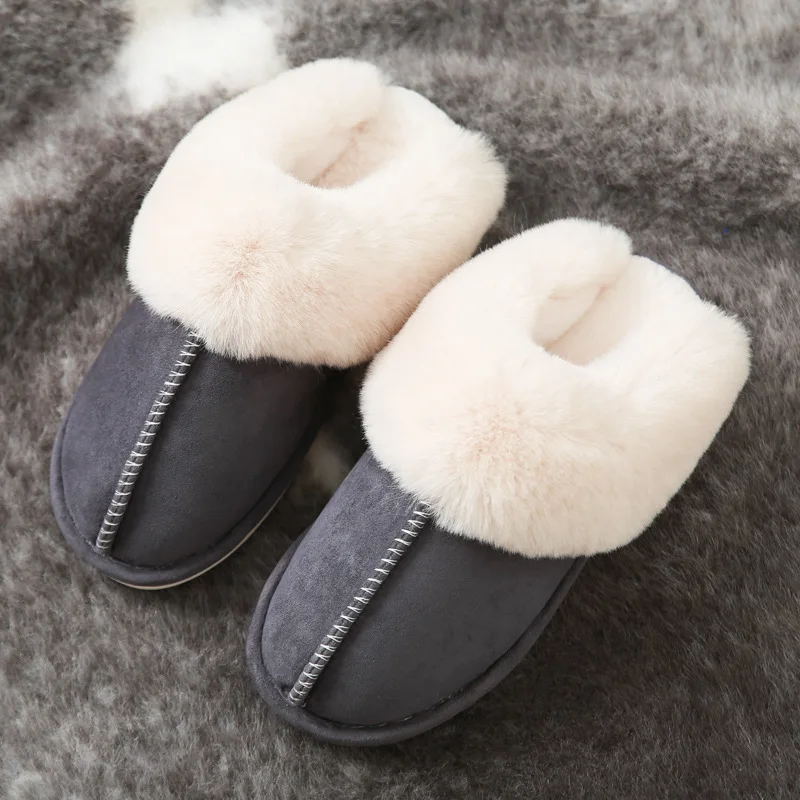 

2021 Winter New Women House Shoes Furry Comfortable Warm Shoes Couples Flats Female Slides Plus Velvet Cozy Plush Cotton Slipper