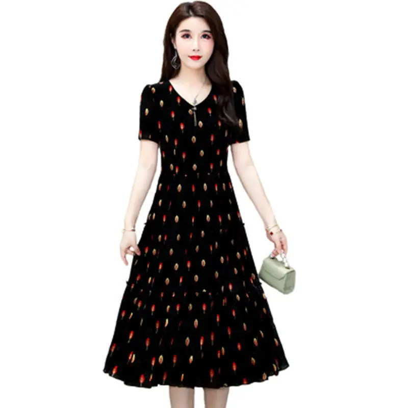 

Women's Dress For Summer O-Neck Short Sleeve A-Line Dress Feather Printing Temperament Fashion Casual Women's Dresses SS3265