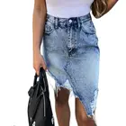 Женская джинсовая юбка стрейч, с карманами и кисточками, асимметричная, потертая, джинсовая