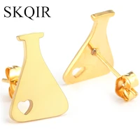 skqir stainless steel heart gold earrings for women medical beaker stud earring women fashion jewelry charm chemistry flask gift