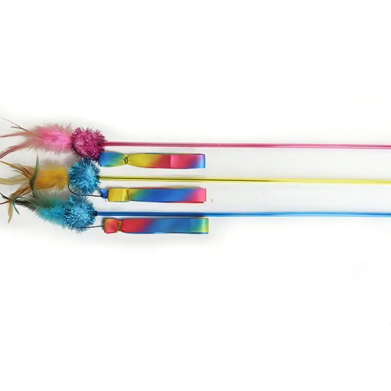 

New Funny Cat Wand Toy Colourful Cat Ribbon Wand Toys With Faux Feather Adjustable Kittens Interactive Teasing Toy Cats Supplies