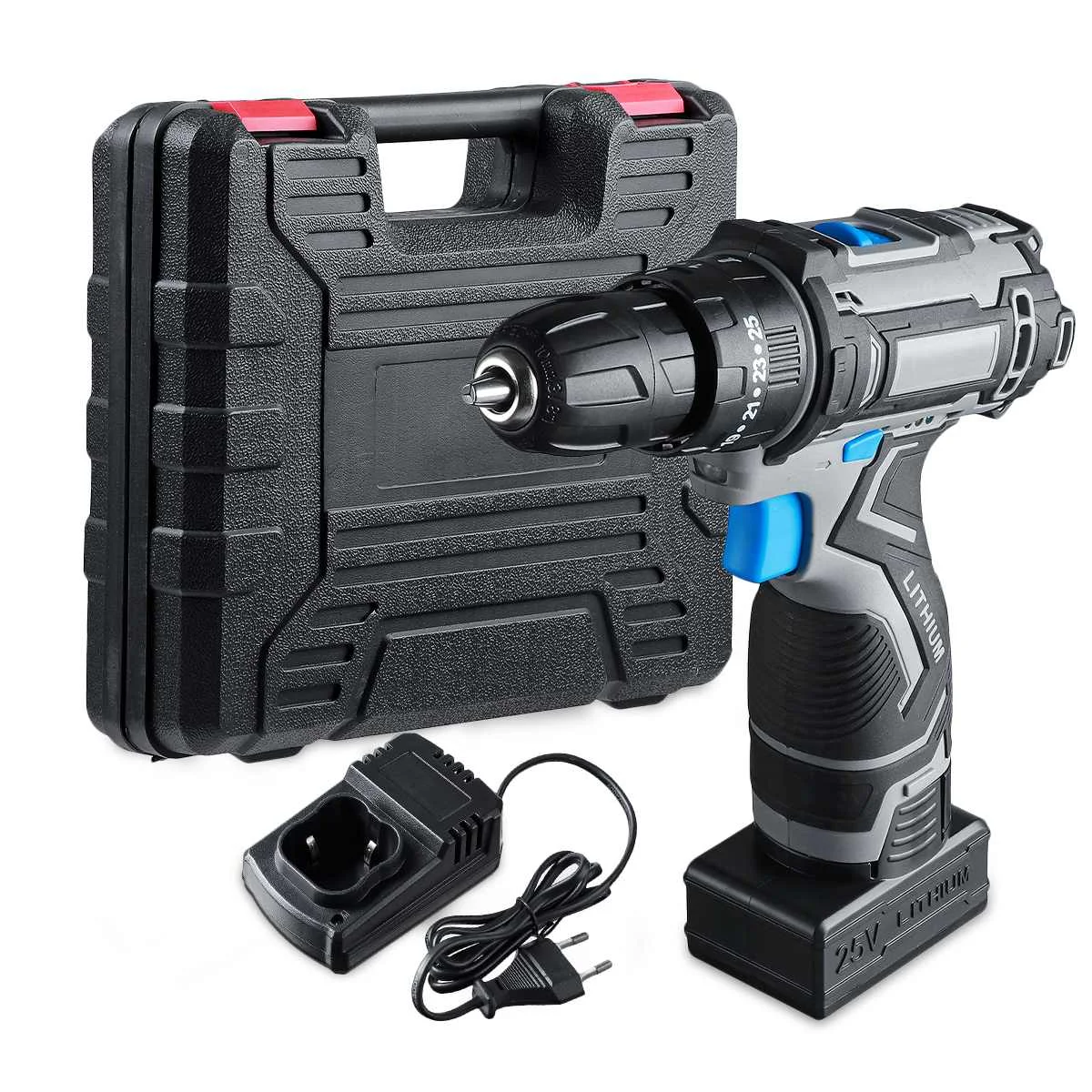 

25V Cordless Electric Drill Electric Screwdriver 3/8-Inch 2-Speed Powerful Tool Screwdriver Drill with Battery & Adapter Box