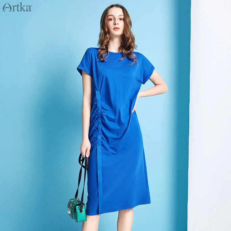 Женское платье футболка со складками ARTKA голубое однотонное повседневное