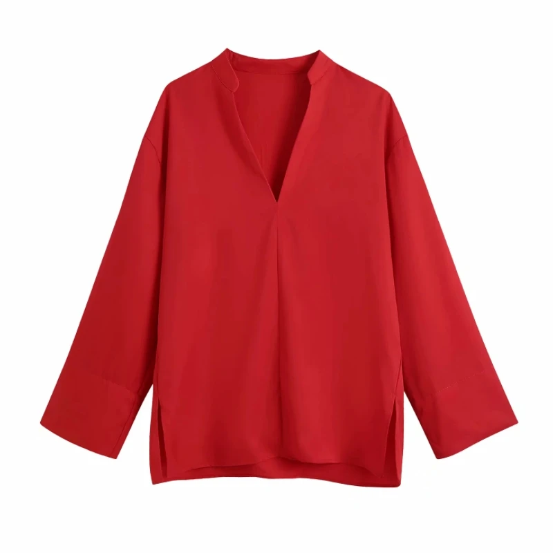 

Летняя женская красная блузка с V-образным вырезом и Боковым Разрезом, свободная женская рубашка с длинным рукавом, повседневные женские то...
