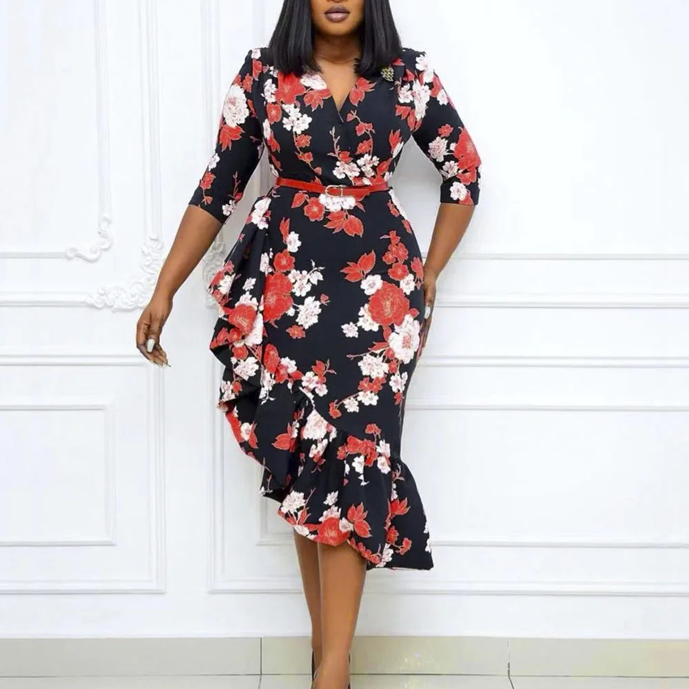 

Женское платье в западном стиле, летнее платье большого размера с принтом, 2021, с V-образным вырезом и 7 рукавами, с асимметричным подолом с обо...