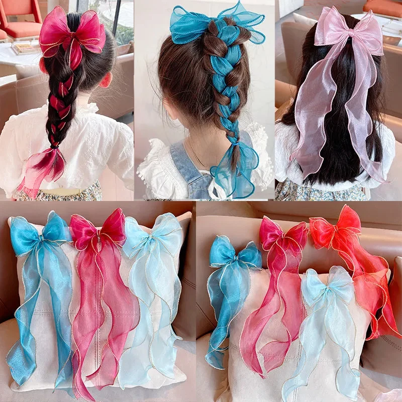 

New Sweet Mermaid Girl Bow Hair Clip 40cm Long Ribbon Design Ponytail Hair Clip Princess Streamer Hairpin Braided Hair Accessory