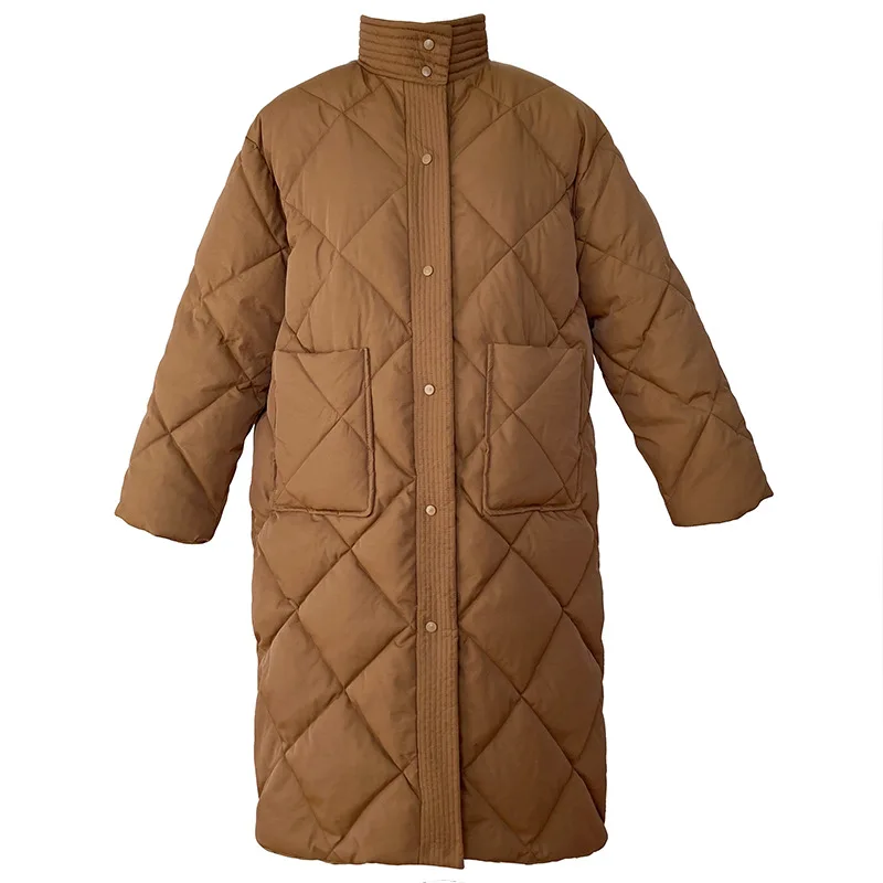 Women's Casual Winter Stand-up Collar Argyle Pattern Oversized Down Jacket Chic Parka New Korean Style Long Cotton-padded Coat