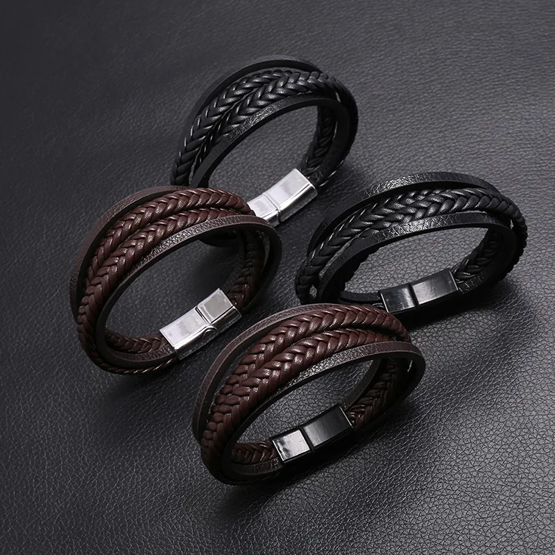 

Stainless Steel Multilayer Leather Bracelet Men's Magnetic Buckle Clasp Retro Men's Woven Bracelet Jewelry