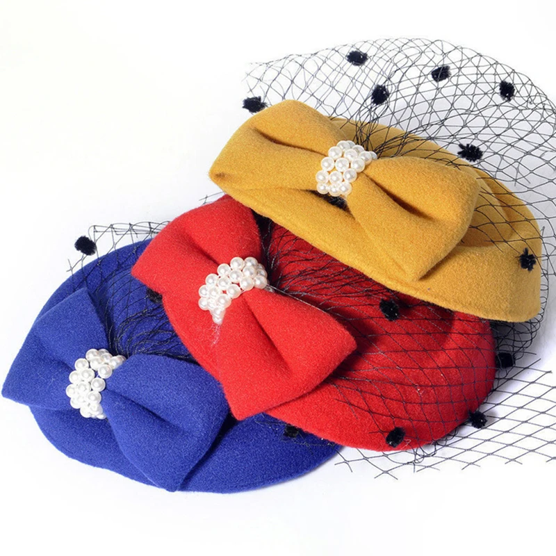 

Fashion Women Girl Bow Felt Hat Hair Clip Lace Point Decor FeatherMini Top Hat Fascinator Fancy Cocktail Party Dress Accessories