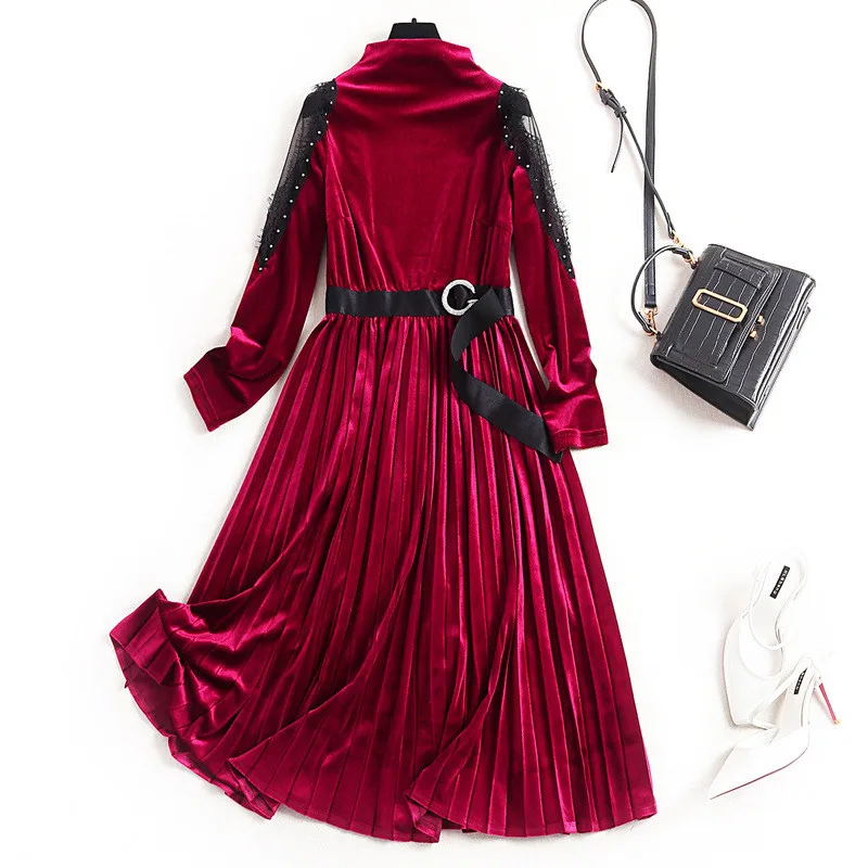 

2020 New Spring Dress Woman Clothes Fashion Designer Long Sleeve Beading Sexy Party Casual Pleated Velvet Dress Female Vestidos