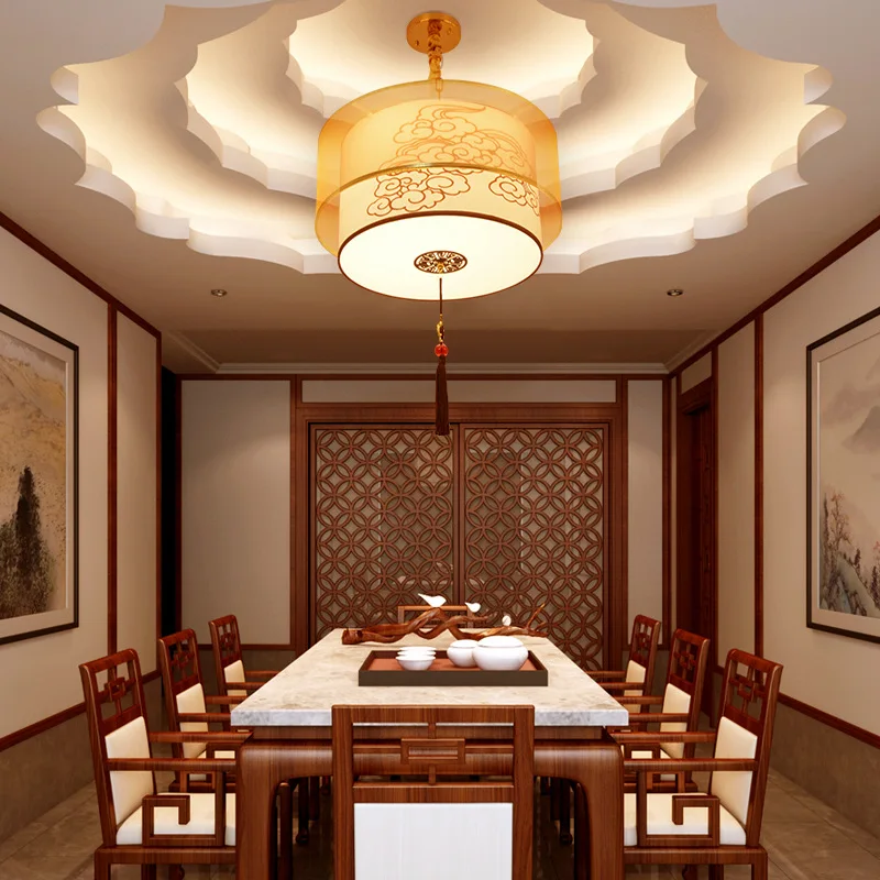 

Creative Chinese dining room chandelier round corridor box restaurant Pendant lamp new fabric light