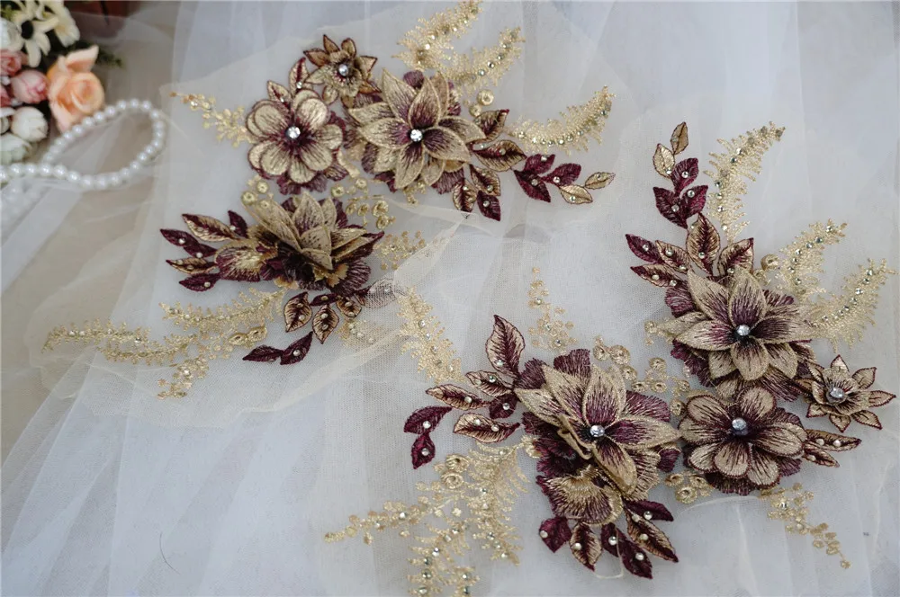 Новое поступление 1 пара вышивка Кружевная аппликация 3D Цветы стразы отделка для