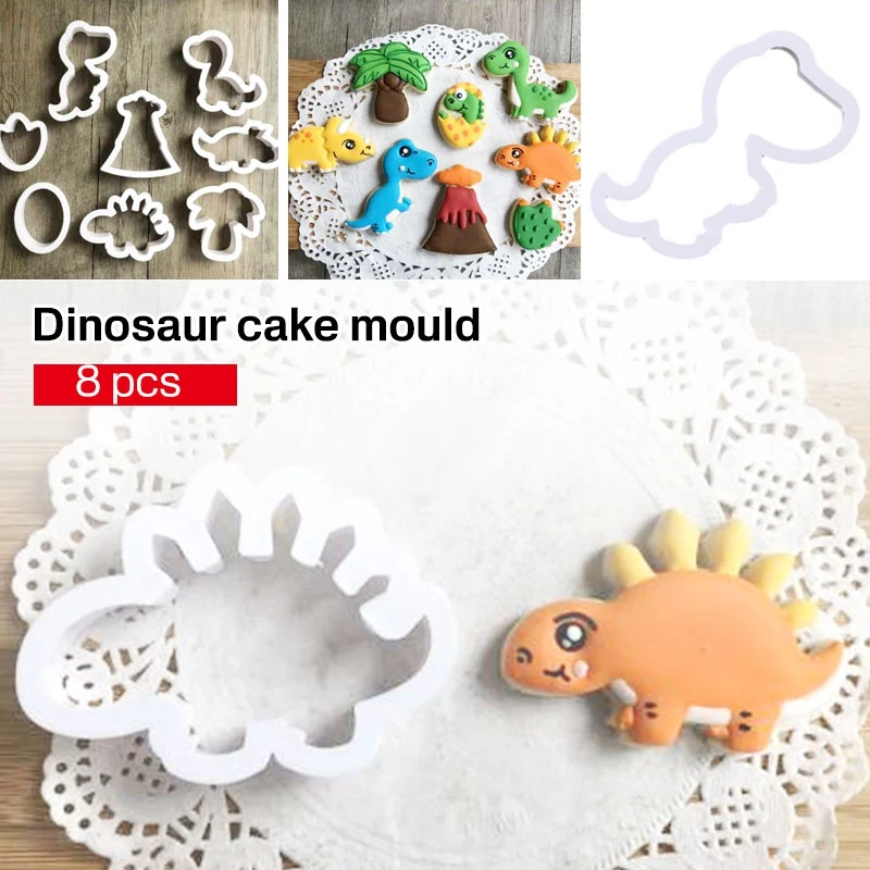 8pcs/set 3D Dinosaur Cookie Stamps Plastic Biscuit Decoration Mold Animal Shape Cutters Cake Decorating Tools | Дом и сад