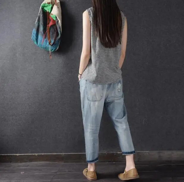 Женские рваные джинсы с высокой талией джинсовые штаны шаровары из хлопка