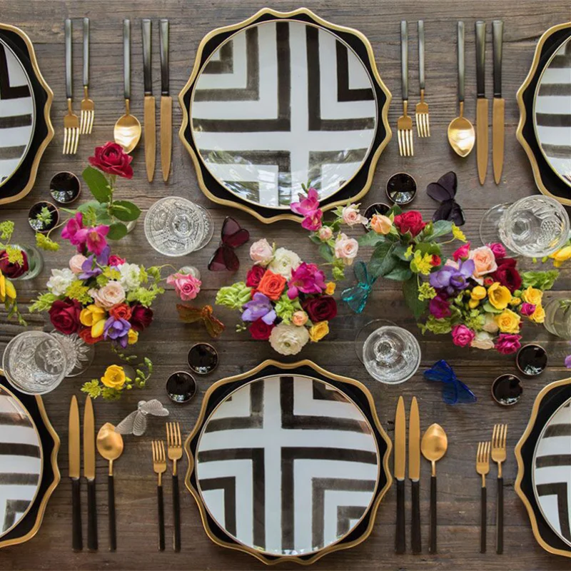 Bone China Plate Round Food Tray Dinner Set Cross-Border Pattern Restaurant Grid Gold Dish Assiette Porcelain | Дом и сад