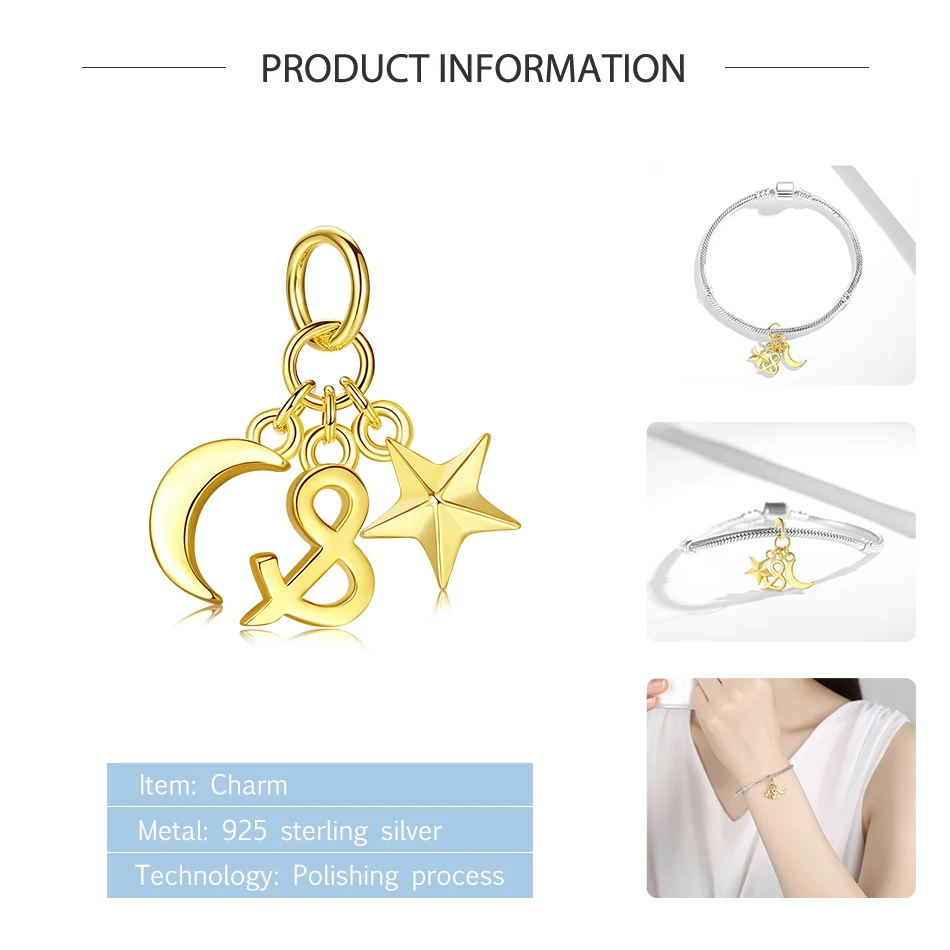 Luxury 925 Sterling Silver Sparkling Beads Sky Moon &amp Star Gold Color Charm fit Charms Bracelet DIY Gift | Украшения и