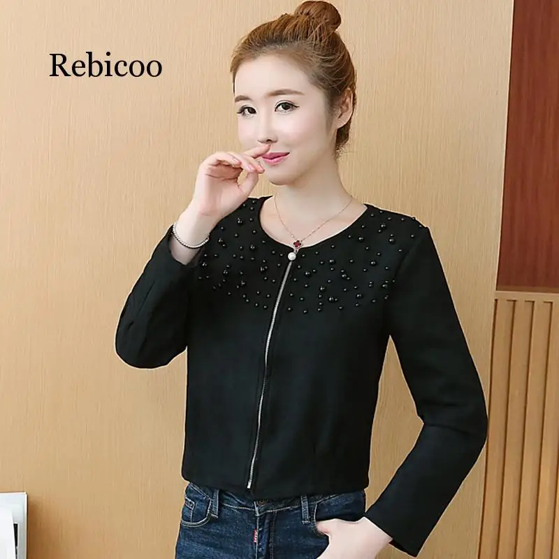 

Women's pearl high waist jacket female autumn Korean version of the solid color O-neck zipper short jacket