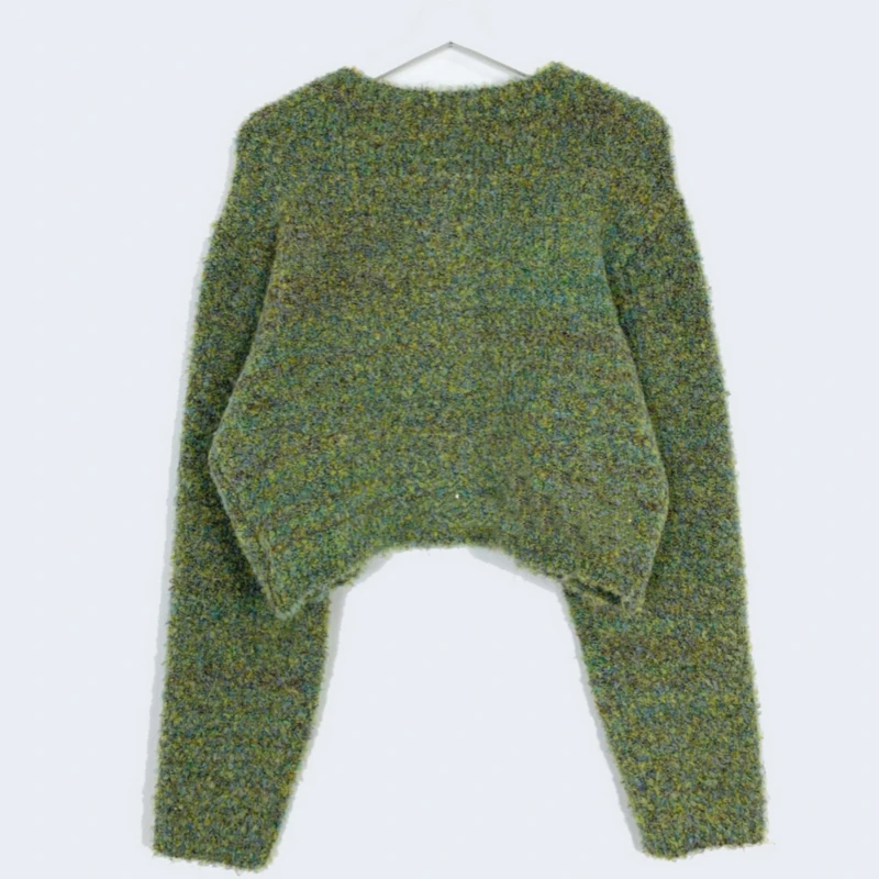 

2021 New Women Spring Autumn Green Short Sweater Coat Jacket Thick Knitted Cardigan Outwear Single Breasted Full Sleeve