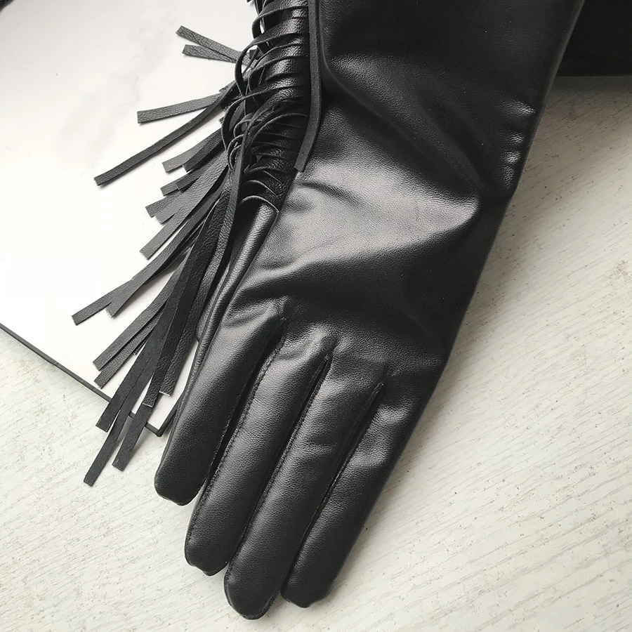 Women's Long Gloves Fringe Tassel Arms Genuine Leather Glove Lady's Club Performance Formal Party Extra Long Glove Fashion Sexy