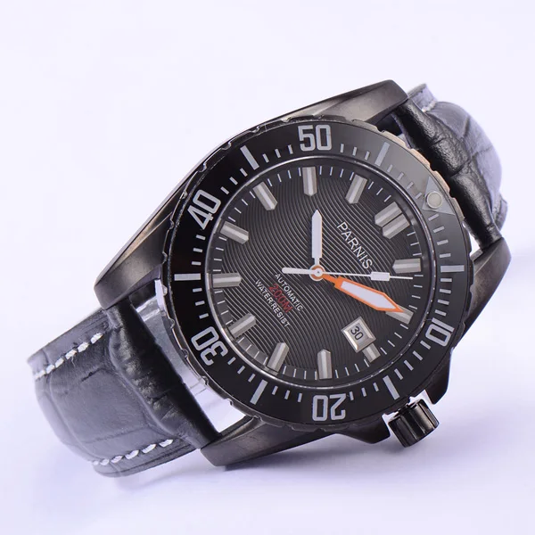 leather black Parnis 44 мм вращающийся Безель автоматический Diver Мужские часы водонепроницаемые 200 м Металлические Мужские механические часы сапфировое стекло Мужские часы - Цвет: leather black