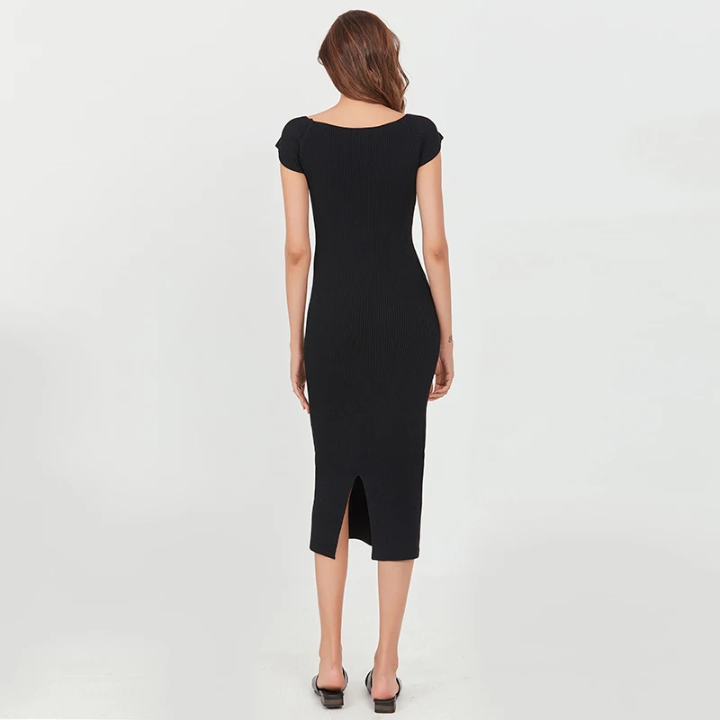 

ECRURANI Knitted Sexy Evening Dress For Women Square Collar Short Sleeve High Waist Slim White Dresses Female Fashion New 2021