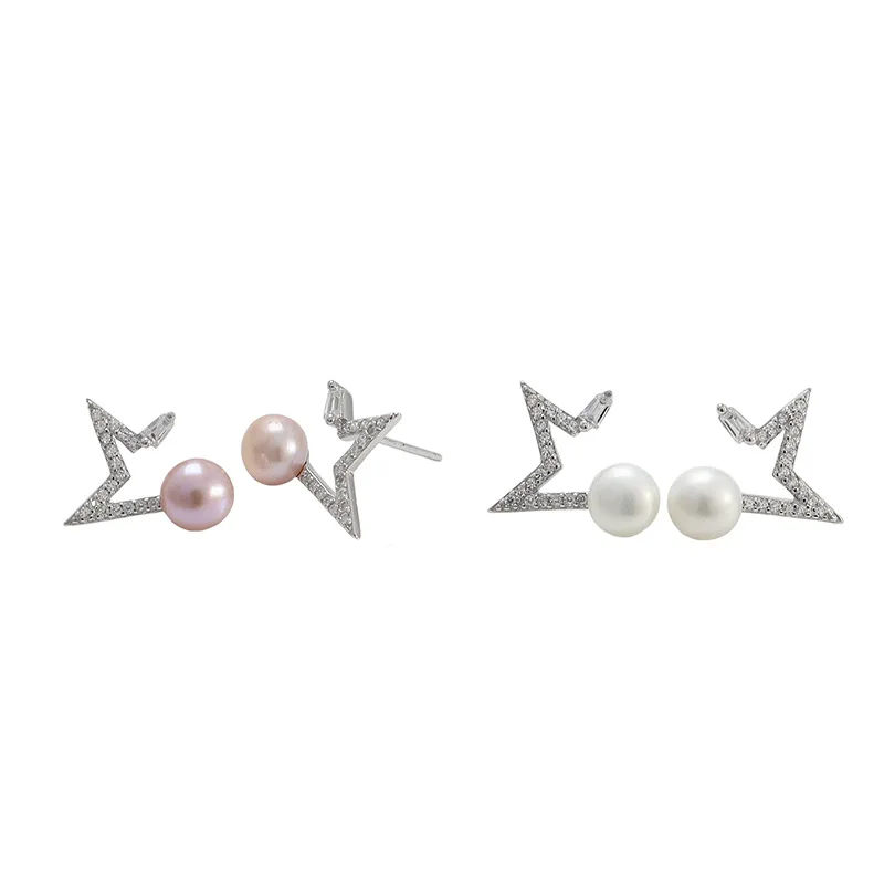 

S925 sterling white fungus jewelry European and American fashion micro-inlaid zircon star-shaped pearl earrings for women