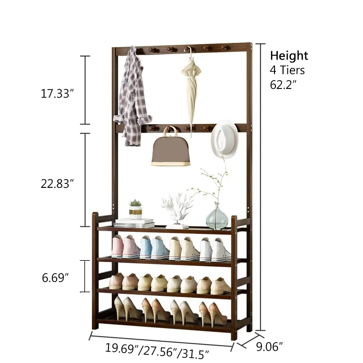 

4 Tiers Multi-function Shoes Rack Coat Rack Wooden Removable Bedroom Hanging Clothes Rack Floor Standing Clothes Hanger Rack