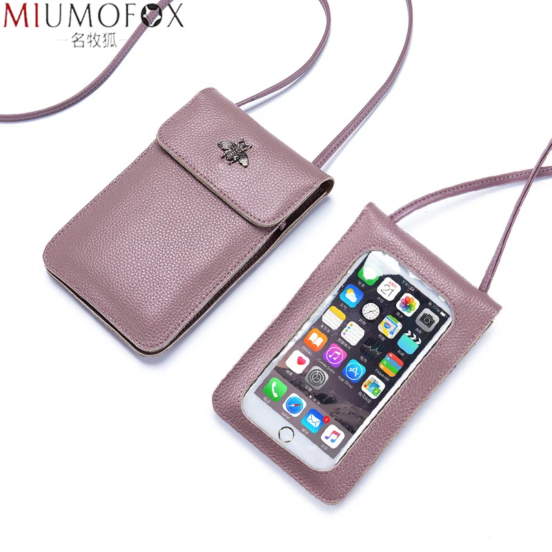 Bolso de teléfono de marca de lujo para mujer, cartera larga de cuero genuino con pantalla táctil transparente de diseñador, bolso cruzado para iPhone 13 2022