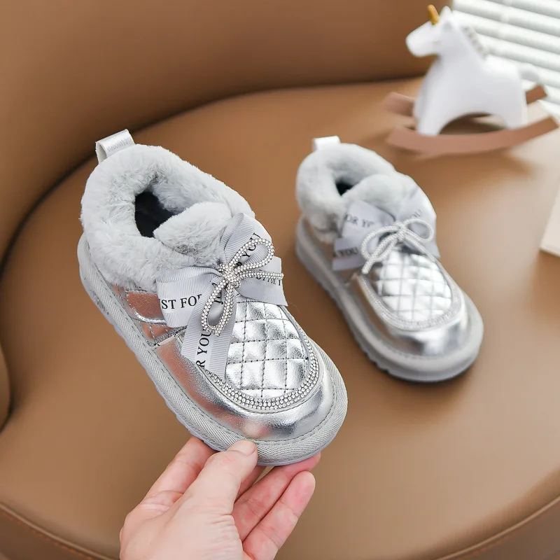 

Зимние ботинки для девочек, зима 2021, новые детские ботильоны на флисе и толстой хлопковой подкладке, милые ботильоны Стразы с бантом, зимние ...