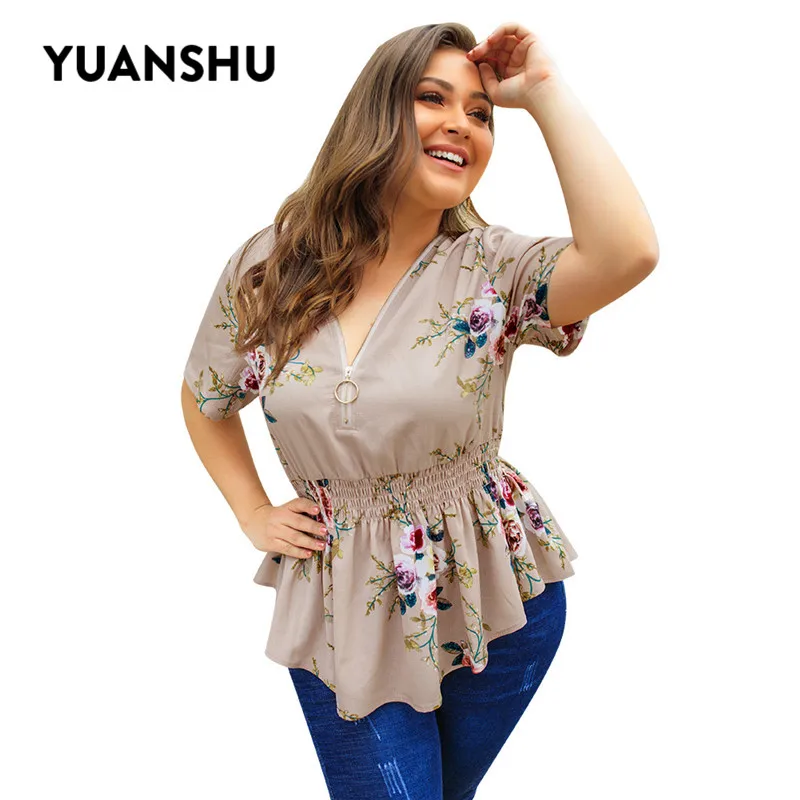 YUANSHE модные Цветочный принт оборками размера плюс блузка женская обувь на