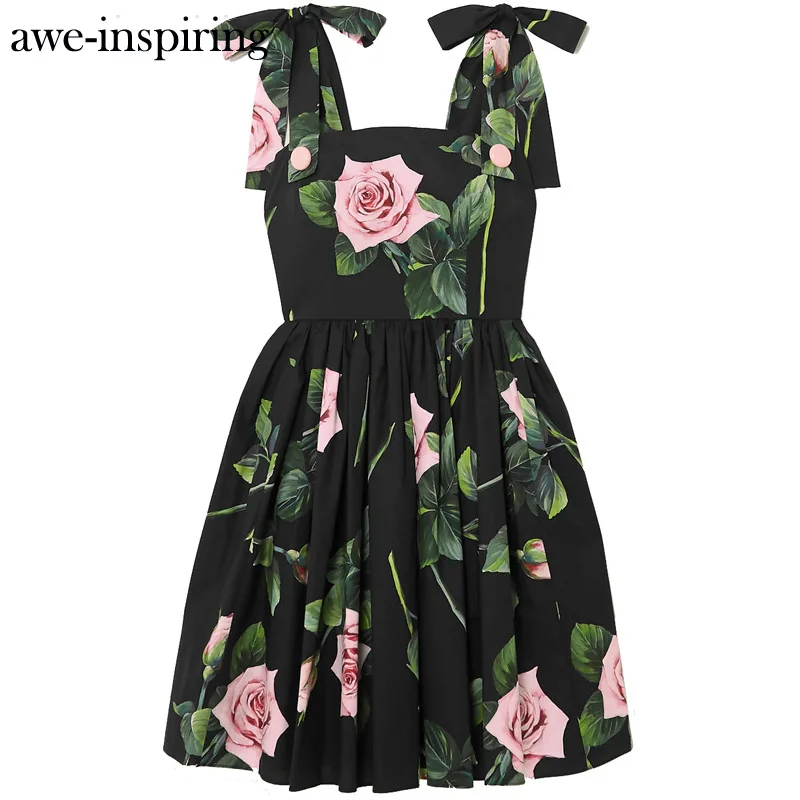 Женское летнее короткое платье на бретелях с принтом в виде роз|Женские платья| |