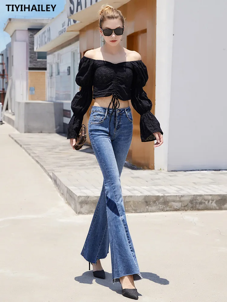 TIYIHAILEY Free Shipping 2021 New Long Jeans Pants For Women Flare Trousers 25-30 Denim Summer Stretch Skynni Jeans High Waist