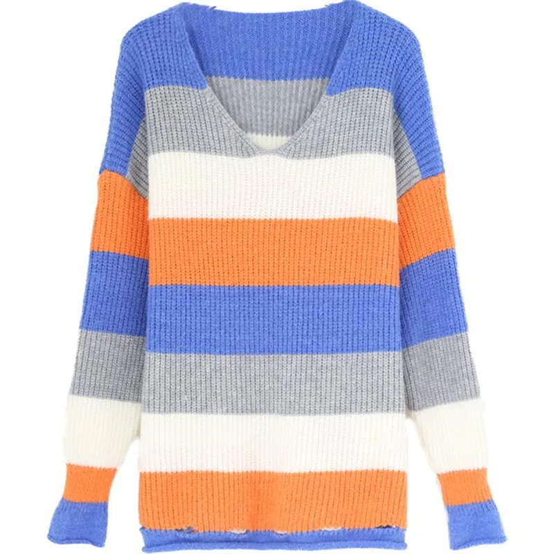 Радужный полосатый Женский свитер 2019 v-образный вырез с длинными рукавами