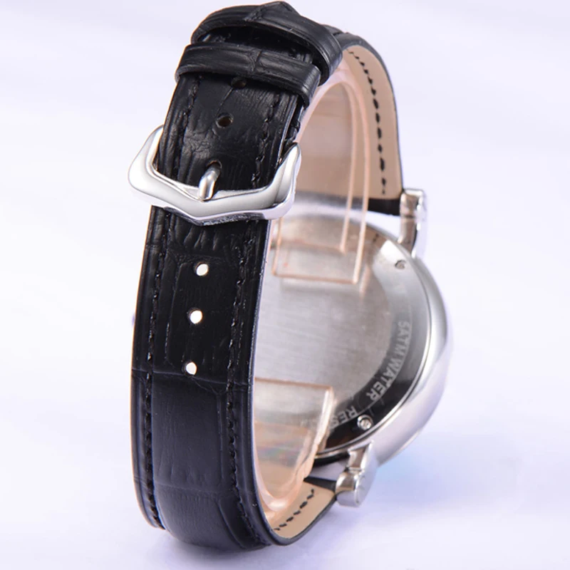 Модные роскошные кожаные механические часы с черным циферблатом и