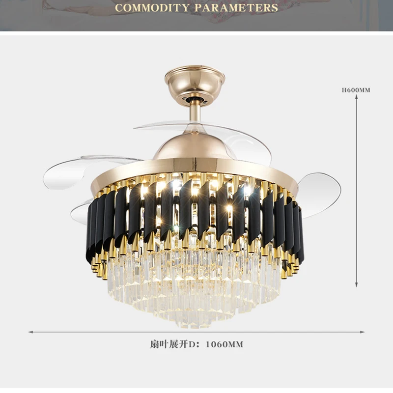 

Modern light luxury invisible ceiling fan lamp household living room lamp dining room bedroom crystal lamp LED inverter fan lamp