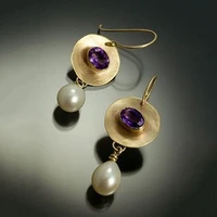 vintage gold color simulated pearl earrings purple stone disc pendant dangle earring for women elegant fashion jewelry o3d279