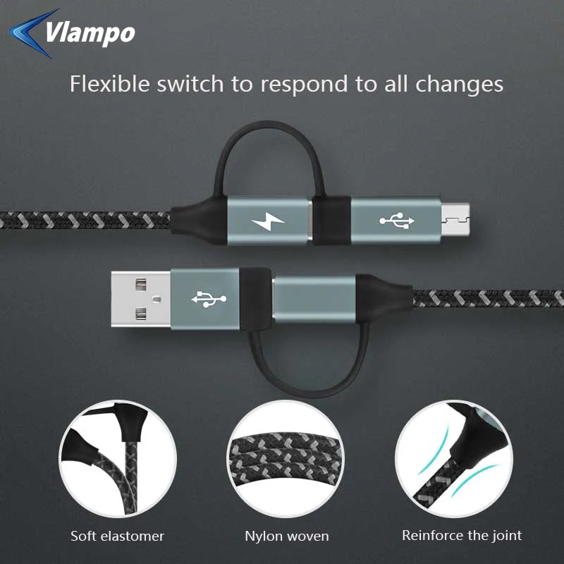 VLAMPO 2020 Новый 4-в-1 PD 3A Type-C к Micro USB быстрая зарядка для Macbook Samsung Note9 S9 Xiaomi Huawei