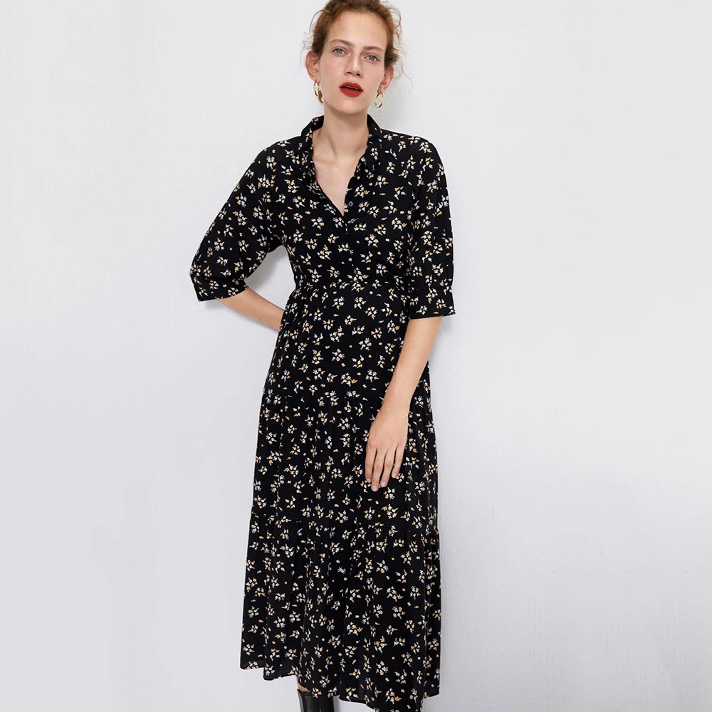 Трендовое длинное платье с принтом 2019 женское в стиле бохо отложным воротником