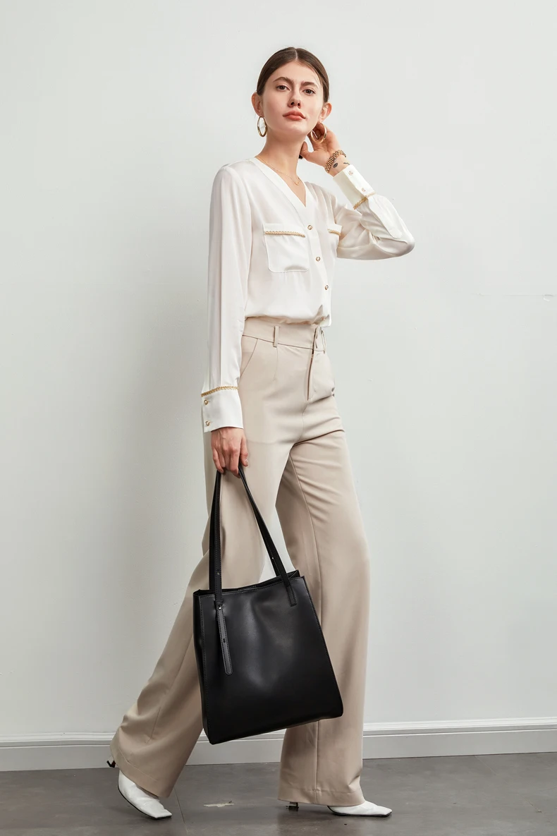 

92% Silk 8% Spandex Women's Shirt Sexy V Neck Long Sleeves Golden Line Piping Fashion Camisa Blouse Tops