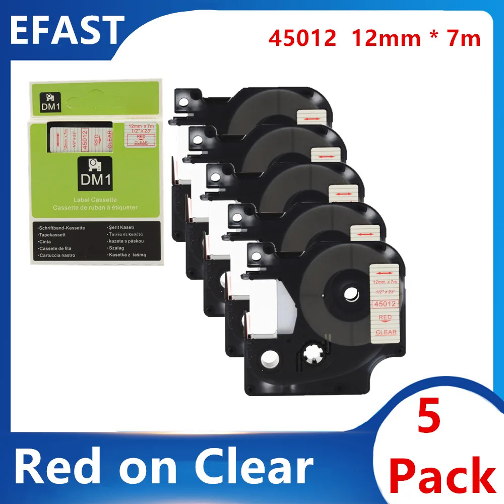 

5 Pack 12mm 45012 Red on clear Compatible dymo D1 tapes 45012 ribbon cassette for Dymo label manager LM 160 280 label maker