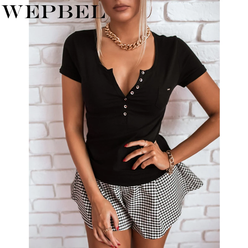 

Mandylandy Women Spring Summer Ruched Skinny Shirt Top Lady Elegant Short Sleeve V Neck Single Breasted Slim Fit T-shirt