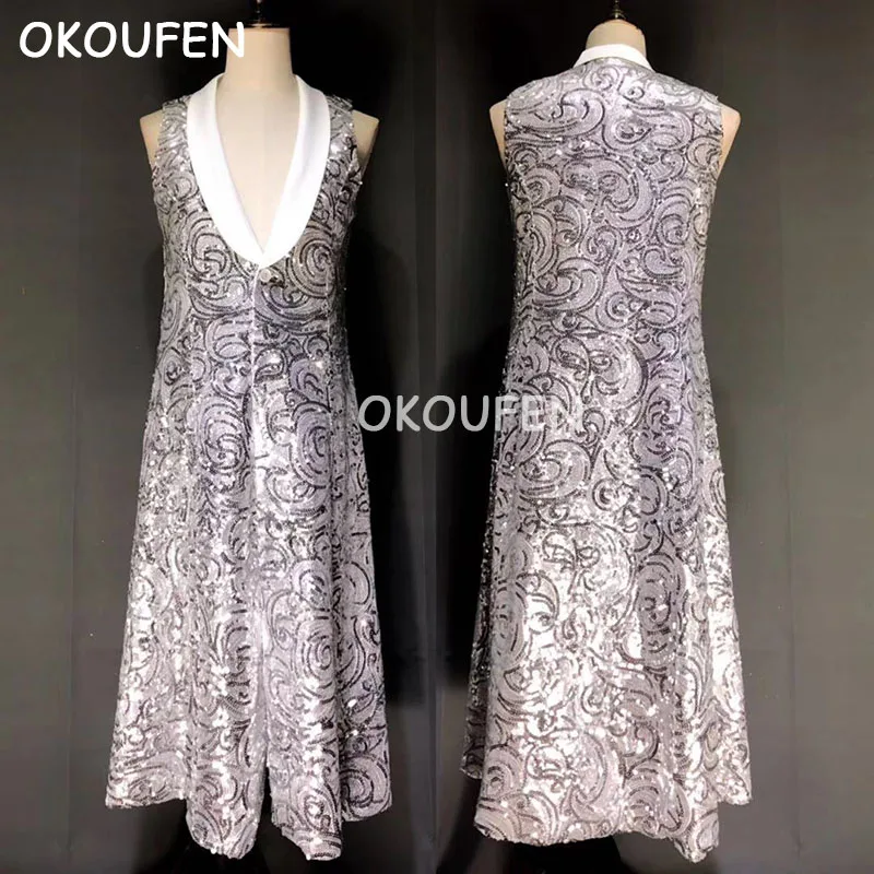 Длинное серебряное пальто с вышивкой без рукавов для ночного клуба |