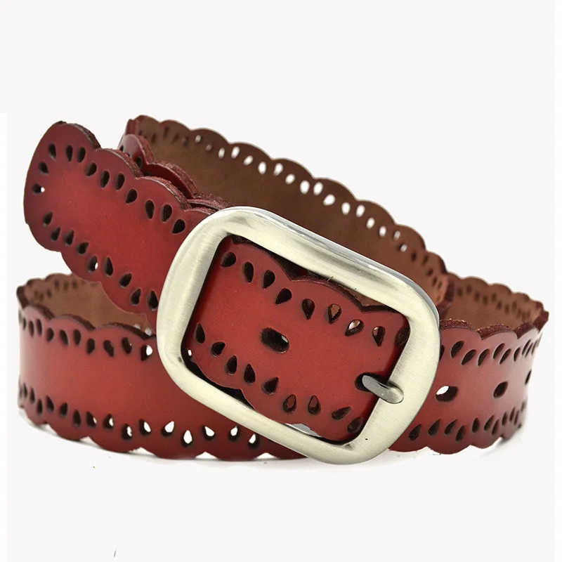 Женский ремень из натуральной кожи коричневый с цветочным принтом для платьев и