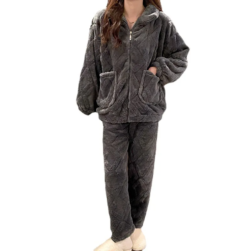 Long-Sleeved Coral Fleece Pajamas New Winter Casual Warm Flannel Pajamas Home Service Pajama Set Women
