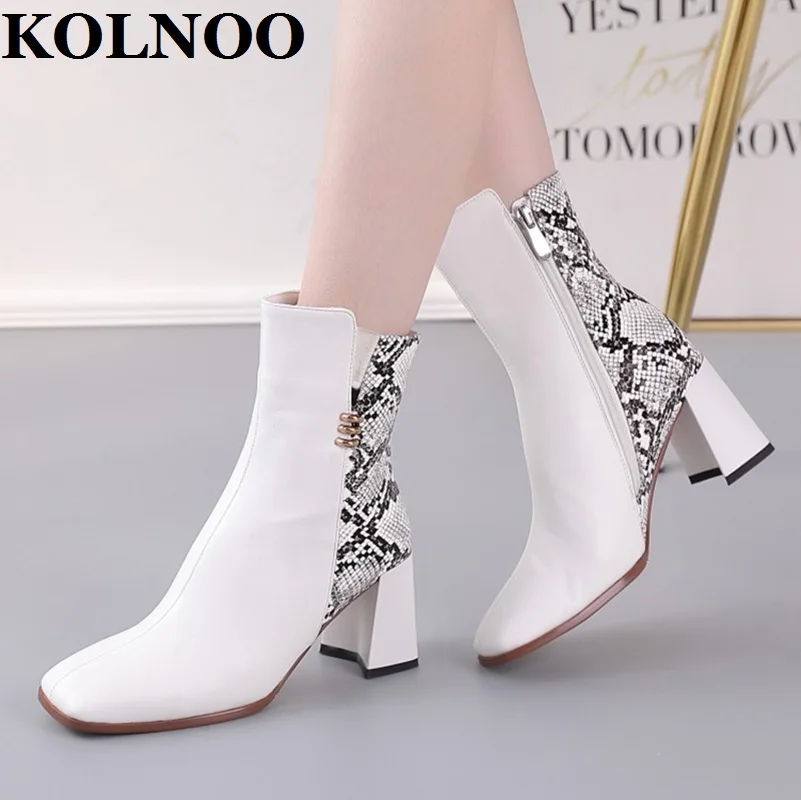 

KOLNOO New Arrival Handmade Ladies Chunky Heeled Boots Two-Tones Faux-Snake Leather Party Ankle Booties Evening Fashion Shoes
