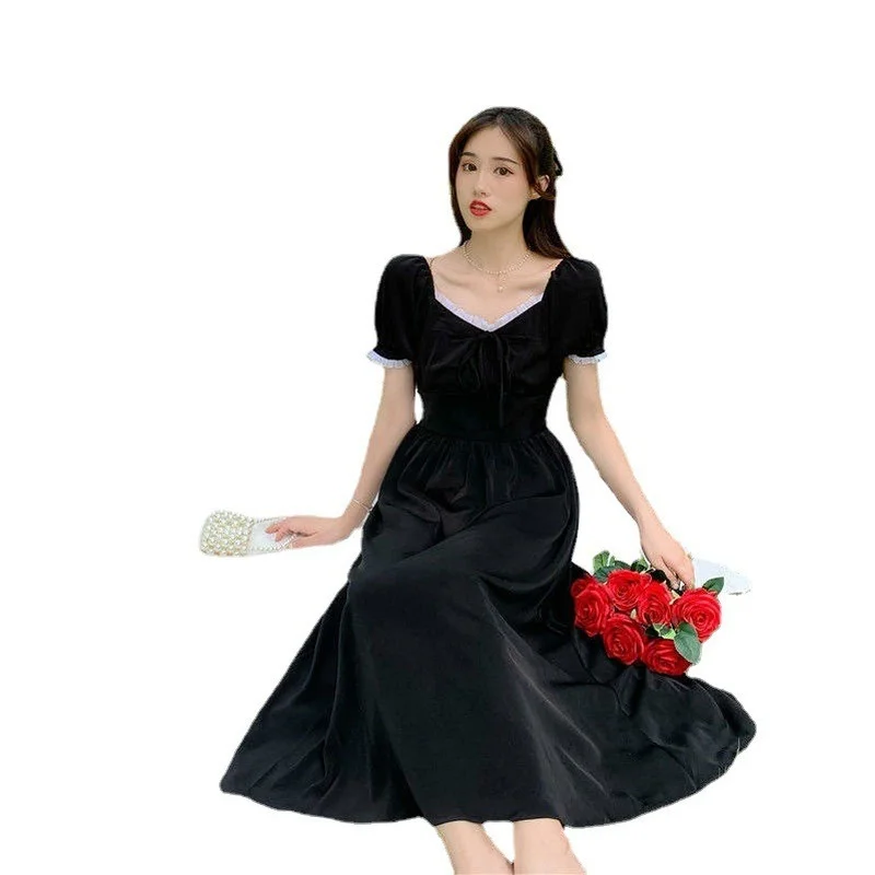 

2021 Summer Fairy Little Fresh Dress Thin Hepburn Style Lace Dress Temperament Waist-Controlled Mid-Length Skirt vestidos