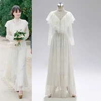 Victorian Retro Long Sleeve Lace Ankle Length Wedding Dress Real Pictures Medieva A Line Rustic Garden High Neck Bridal Gowns